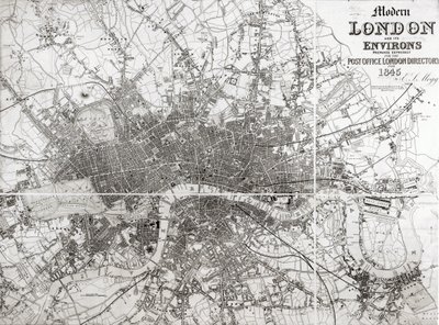 Mapa del Londres Moderno y sus alrededores, 1845 de English School